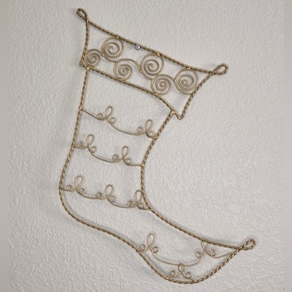 Pier 1 Gold Scrolled Metal Wire Christmas Stocking Shaped Card Holder Wall Decor